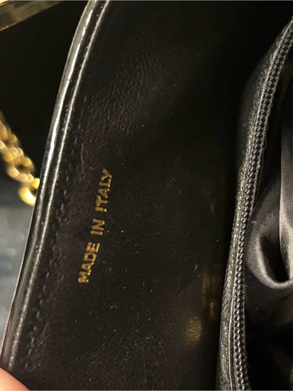 CHANEL Black Patent Quilted Crossbody with Gold Chain